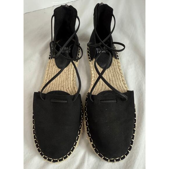 Eileen Fisher Shoes - Eileen Fisher Lace Leather Espadrille Sandals Black and Jute‎ Size 6